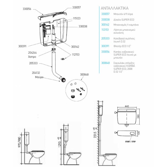 Kariba Super Eco, Καζανάκι Πλαστικό Υψηλής Πίεσης, Λευκό. 334316