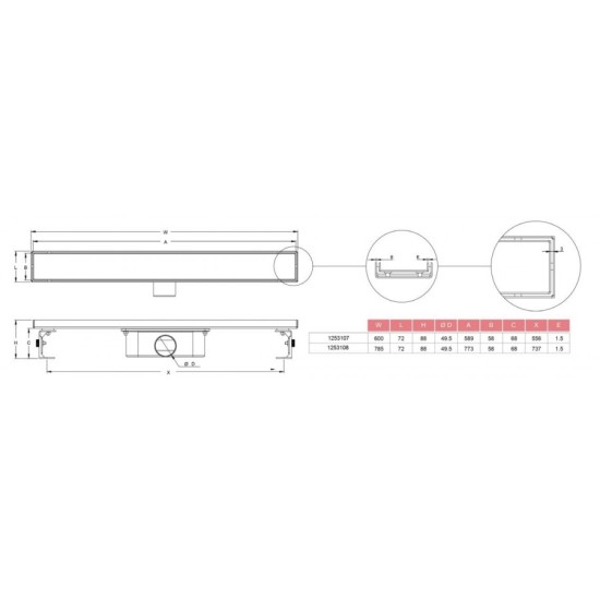 MaxiFlow Scala Legal, Κανάλι Δαπέδου 60cm, Χαμηλού Προφίλ 2 Όψεων, Inox