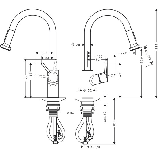Hansgrohe Talis M52, Μπαταρία κουζίνας 220, με αποσπώμενο ντους, Χρωμέ
