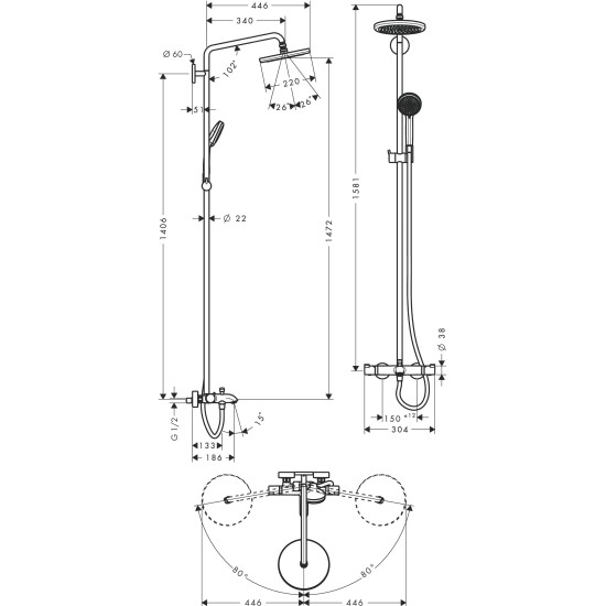 Hansgrohe Croma, Στήλη 3 εξόδων θερμοστατική, Χρωμέ.
