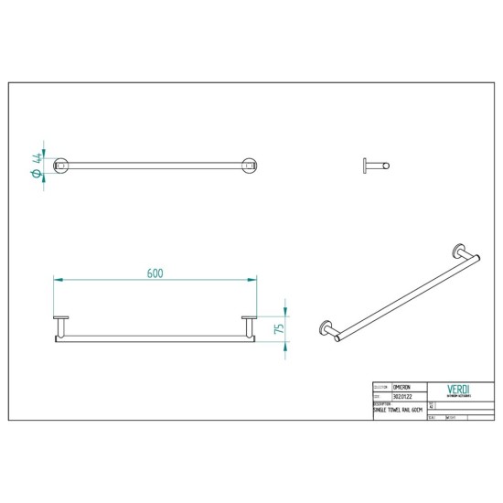 Verdi Omicron, Μονή πετσετοθήκη 60cm, Black Mat