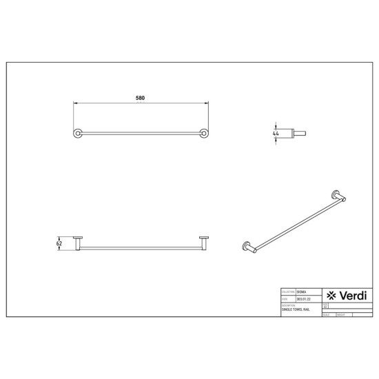 Verdi Sigma, Πετσετοθήκη Χρωμέ, 60cm, από υψηλής ποιότητας ορείχαλκο