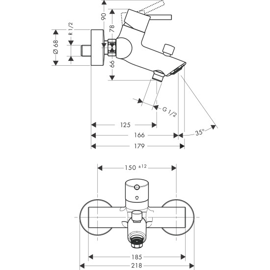 Hansgrohe Talis S2, Μπαταρία λουτρού (κορμός), Χρωμέ.