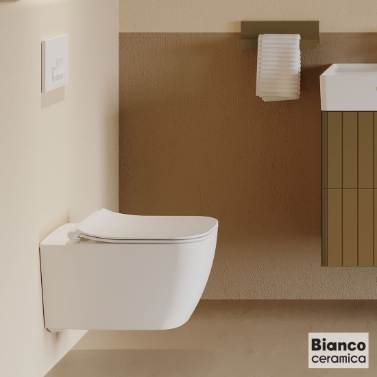 Bianco Ceramica Mizo Επίτοιχη Λεκάνη Rimless με Κάλυμμα MS36SC S/C White Matt