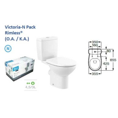 Σετ Roca Victoria Λεκάνη Rimless ΧΠ/P', Καζανάκι διπλής ροής 6/3L και Κάθισμα Slim Soft-close