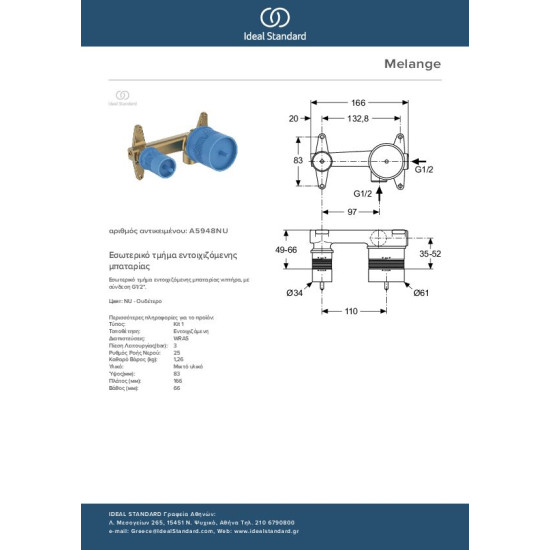 Ideal Standard Melange, Εσωτερικό τμήμα εντοιχιζόμενης μπαταρίας νιπτήρος.