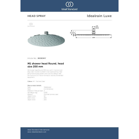 Ideal Standard Idealrain Luxe, κεφαλή ντους 20x20cm