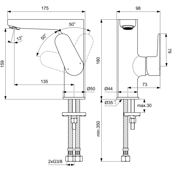 Ideal Standard Cerafine O Μπαταρία Νιπτήρος Χωρίς Βαλβίδα Black