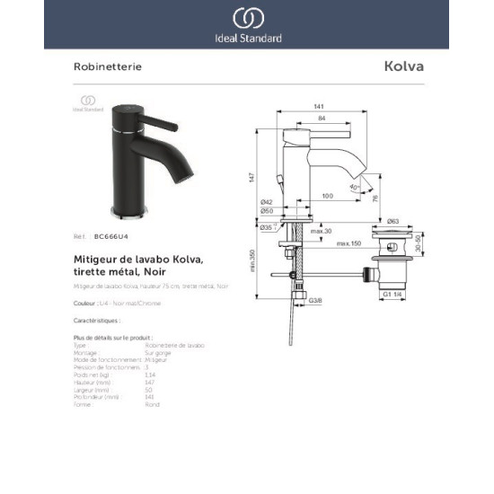 Ideal Standard Kolva, μπαταρία νιπτήρος μαύρη μάτ