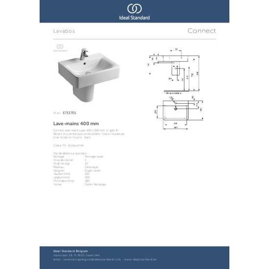 Ideal Standard Connect Cube, Επίτοιχος νιπτήρας 40Χ36Χ16, Λευκός.