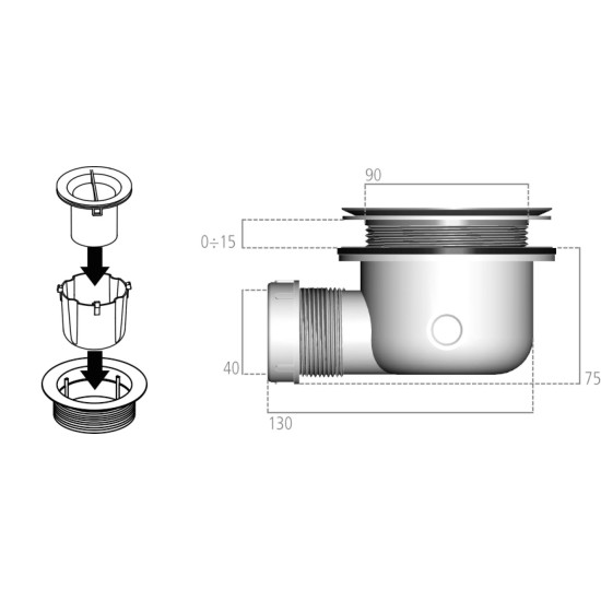 Ideal Standard, Βαλβίδα ντους 90 mm χωρίς μεταλλικό κάλυμμα, για ντουσιέρες ULTRA FLAT S.