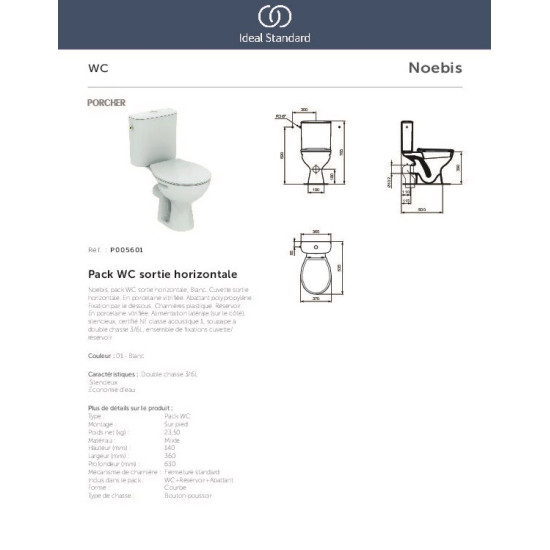 Porcher Noebis pack, Λεκάνη Χ/Π, πισω σιφώνι, Λευκή