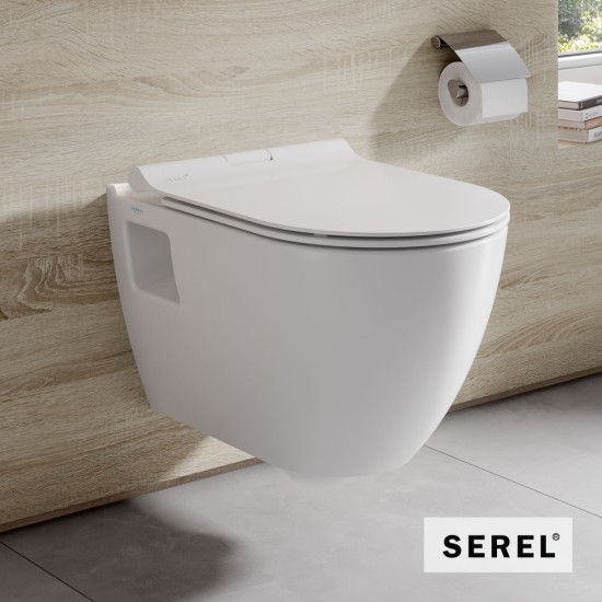 Serel Smart, Επίτοιχη Λεκάνη 52cm Rimless, με Κάλυμμα Βακελίτη Slim, Soft Close, Λευκή