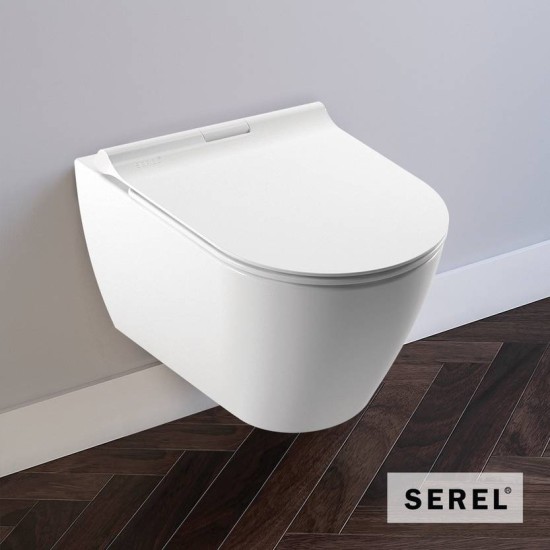 Serel Sapphire, Επίτοιχη Λεκάνη 52cm Rimless, με Κάλυμμα Βακελίτη Slim, Soft Close, Λευκή